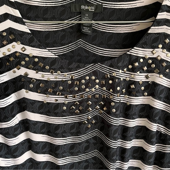Style & Co 1X Empire Waist Maxi Dress Black White Metallic Stud Geometric Stripe - Picture 6 of 8